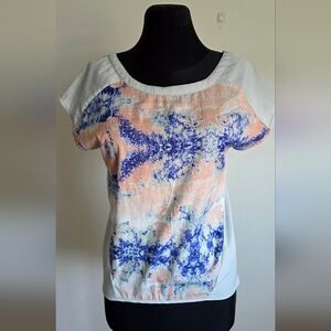 W118 By Walter Baker Blue and Cream Short Sleeve Top With V-cut Back XS